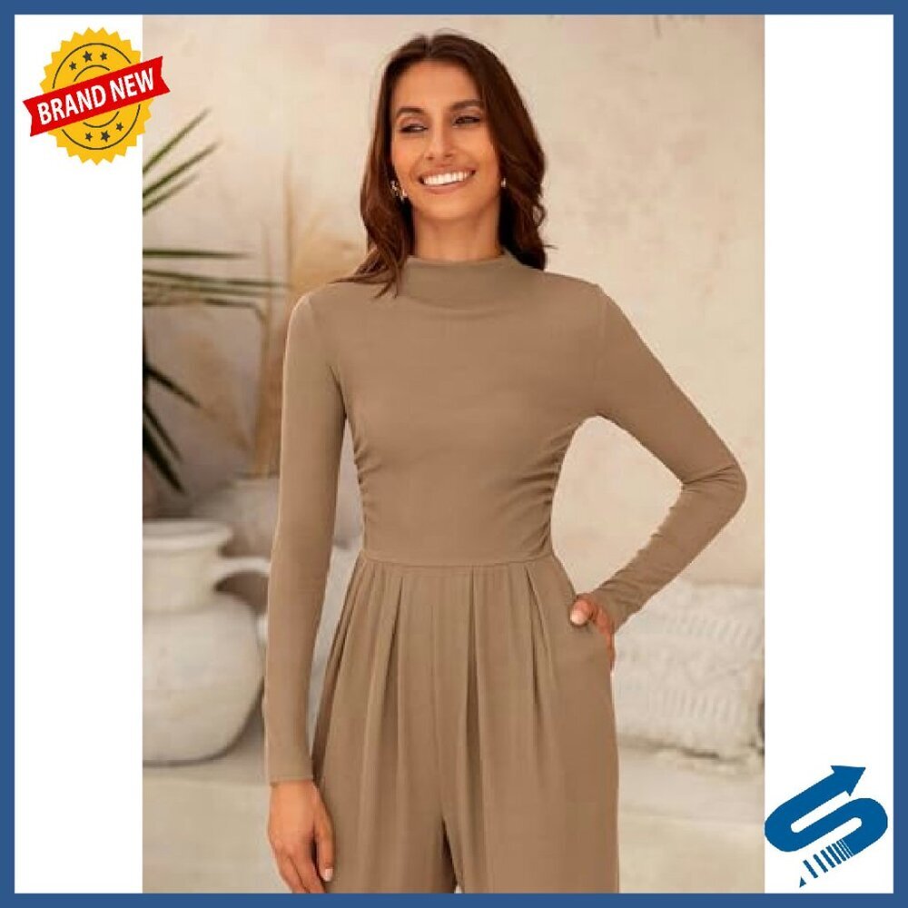 Long Sleeve Mock Neck Jumpsuit Wide Leg Pockets Fall Fashion - Picture 6 of 8